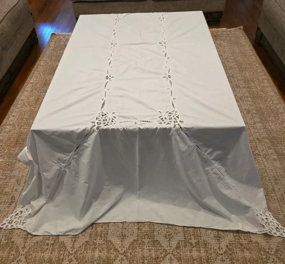 VINTAGE Battenberg Lace Tablecloth & 10 Napkins Set 112x62 Rectangular White NOS